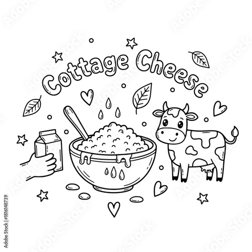 Cute Cottage Cheese Doodle Vector with Bowl, Smiling Cow, Hand Holding Milk Carton, and Spoon in Black and White Outline Style.