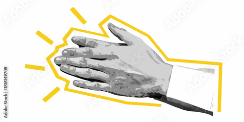 Clapping hand illustration with yellow outline and rays on white background