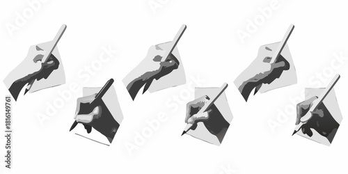 Hands writing with pen on paper in different poses illustration