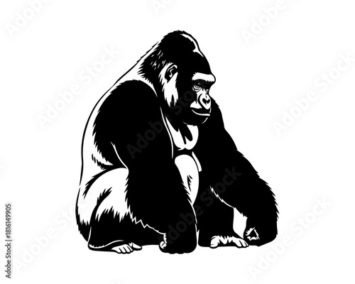 Striking black silhouette vector illustration of a powerful gorilla in a seated posture, embodying its immense strength and calm presence as a symbol of wildlife