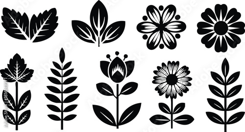Floral designs featuring various leaves and flowers in a striking black silhouette style for creative projects 