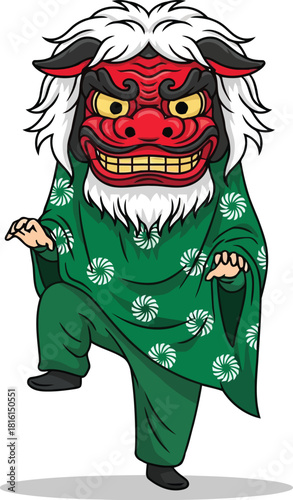 Cartoon Japanese Lion Dance Character in Green Robe 1