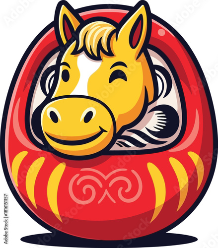 Smiling yellow horse face on red daruma doll illustration 1