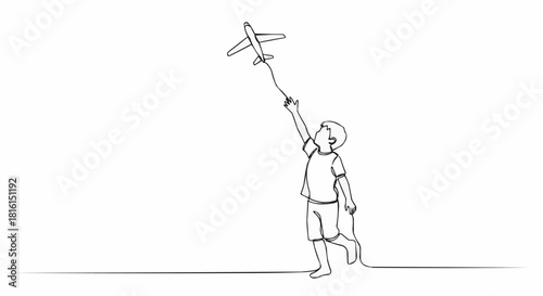Continuous line drawing of a boy playing with a toy airplane.
