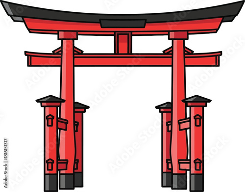 Red Japanese Torii Gate with Black Roof and Stone Base 1