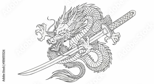 Detailed black and white line art of a mythical Asian dragon holding a katana.