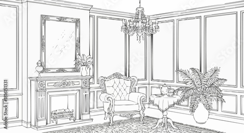 Hand Drawn Sketch of a Luxurious Vintage Room Interior.
