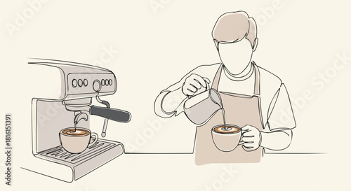 Barista Crafting Coffee - A Line Art Depiction of Coffee Preparation.