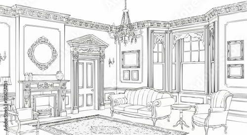 Elegant Interior Sketch - Detailed Living Room with Classic Furniture.