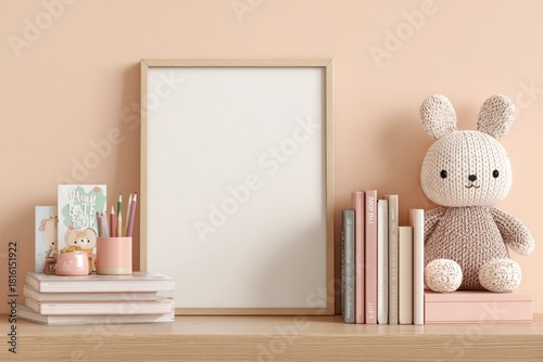 Wooden frame poster mockup in modern kids room interior. Minimal and stylish display for nursery or children’s wall art presentations.