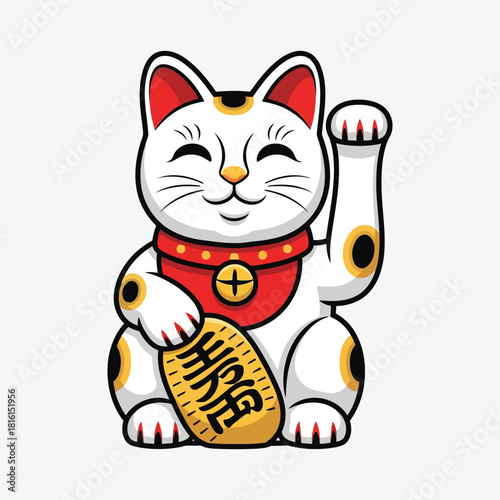 White maneki neko cat with red collar holds gold coin