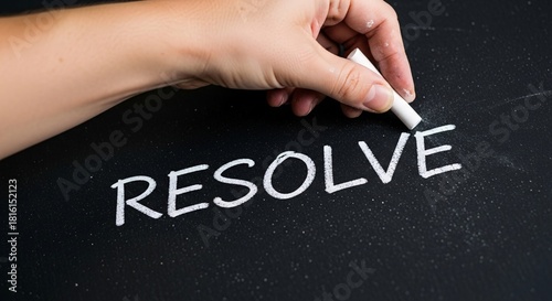 A hand writes the word resolve on a blackboard, symbolizing determination, goal setting, and making a New Year's resolution
