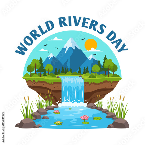 A vibrant and majestic illustration celebrating World Rivers Day, a beautiful reminder of the importance of protecting our rivers and natural ecosystems. Vector editable illustration.