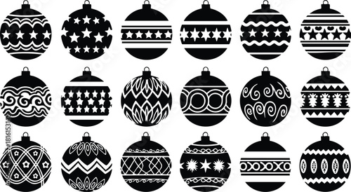 Christmas ornaments collection featuring various intricate black designs and patterns for festive decorations 