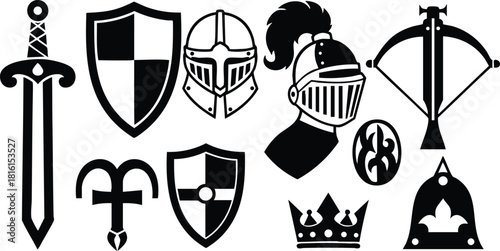 Medieval weapons and armor collection featuring swords, shields, helmets, and a crown for fantasy themes and designs 