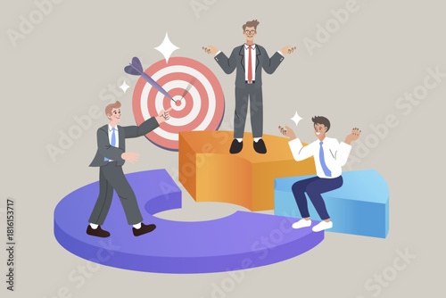 A business team analyzes market share on a giant pie chart. One man points to a target goal, while others discuss strategy, symbolizing financial success and data statistics.