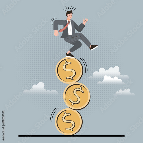 Anxious businessman trying to balance on a wobbly stack of gold dollar coins. Concept of financial risk, economic instability, and investment danger. Vector  of market volatility and debt struggle.
