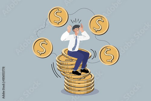 A stressed businessman sits on an unstable, shaking stack of gold coins. This financial crisis concept illustrates economic instability, investment risk, and the pressure of market volatility.