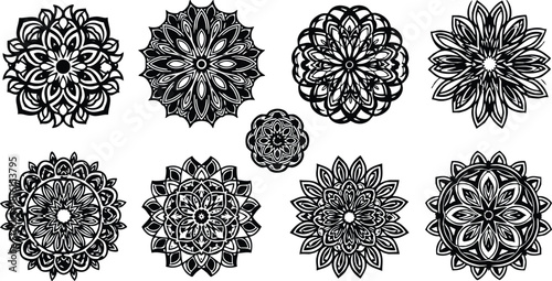 Intricate black and white mandala designs featuring floral patterns and geometric shapes for creative projects and artistic expressions 
