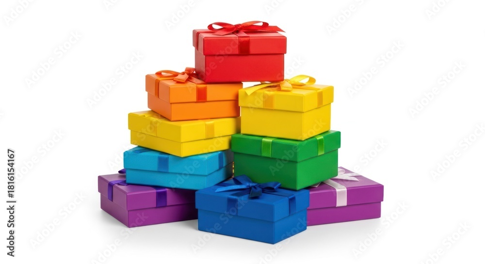 Obraz premium A colorful pile of gift boxes with ribbons on a white background.