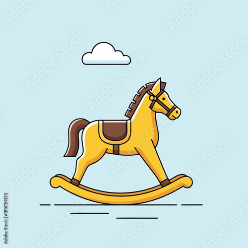 Yellow rocking horse toy with brown saddle and mane on blue background