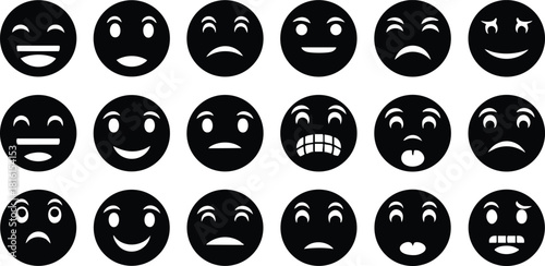 Various emoticons expressing different emotions in a stylish black and white vector illustration for creative projects 
