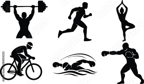 Diverse silhouettes of athletes engaging in various sports activities including weightlifting, running, cycling, yoga, swimming, and boxing 