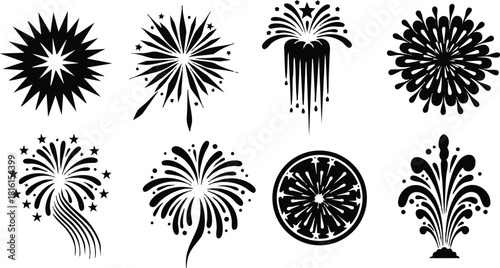 Fireworks vector illustrations showcasing various designs for celebrations and festive occasions in black silhouette style 