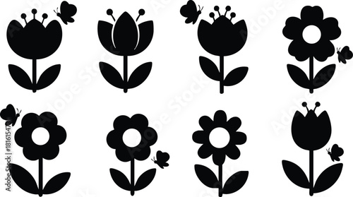 Floral vector illustrations featuring various flower designs with butterflies and leaves in a playful arrangement 