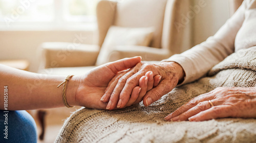 Caregiver holding hand of senior woman comfort support healthcare elderly patient love kindness nursing home assistance trust family togetherness compassion retirement friendship charity volunteer 