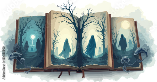 halloween night scene. spooky ghost story book illustration