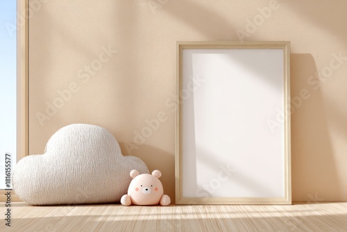 Wooden frame poster mockup in modern kids room interior. Minimal and stylish display for nursery or children’s wall art presentations.