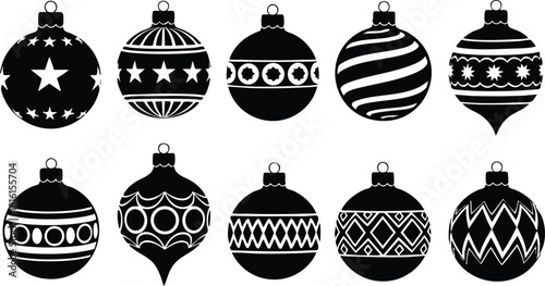Christmas ornaments collection featuring various decorative designs in black and white for festive decoration and seasonal celebrations 