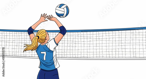 Female volleyball player with number seven jersey setting the ball.