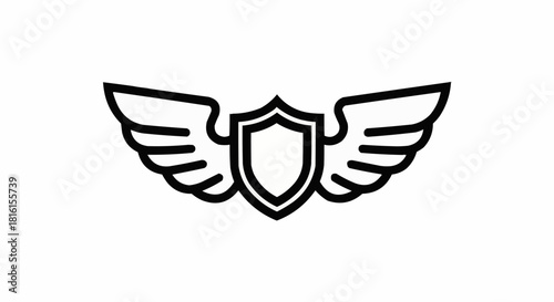 Minimalist black line art of a shield with wings icon.