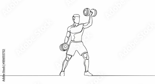 Continuous line drawing of a muscular man lifting dumbbells for strength training.