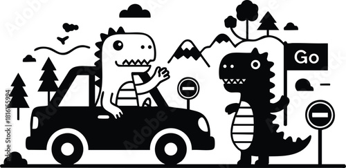 Dinosaurs interact in a playful scene with a car and a signpost in a whimsical landscape
