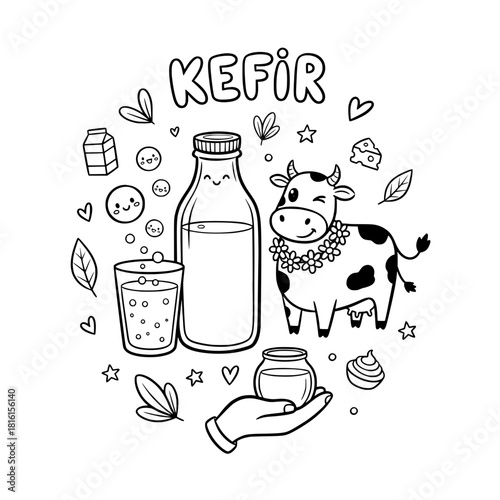 Kefir Drink Doodle Vector with Cute Cow Mascot, Bottle, Glass, and Jar in Black and White Outline Style.