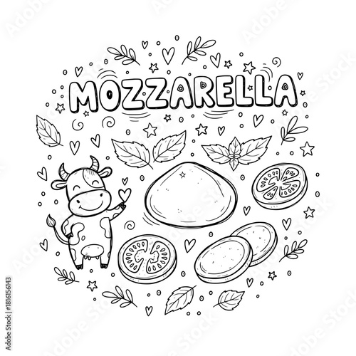 Mozzarella Cheese Doodle Vector with Cute Cow Mascot, Tomato Slices, and Fresh Basil in Black and White Outline Style.