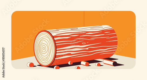 A log cut into pieces on a surface with a warm orange background, representing raw materials and processing