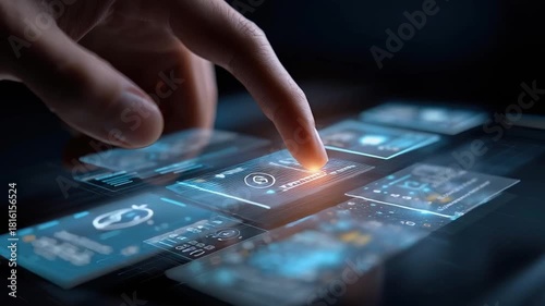 Finger touching futuristic digital interface with glowing icons and elements showing ai service interaction on touchscreen hand technology