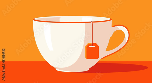 A simple white teacup with an orange tea bag tag sits on a surface with an orange background