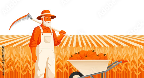 Autumn Harvest Farmer with Pumpkins in a Golden Wheat Field