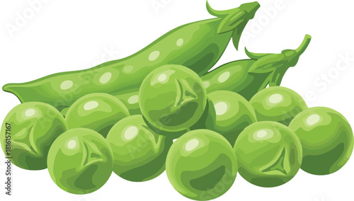 Illustration of a pile of green peas and pods on a white background with a simple and colorful style.