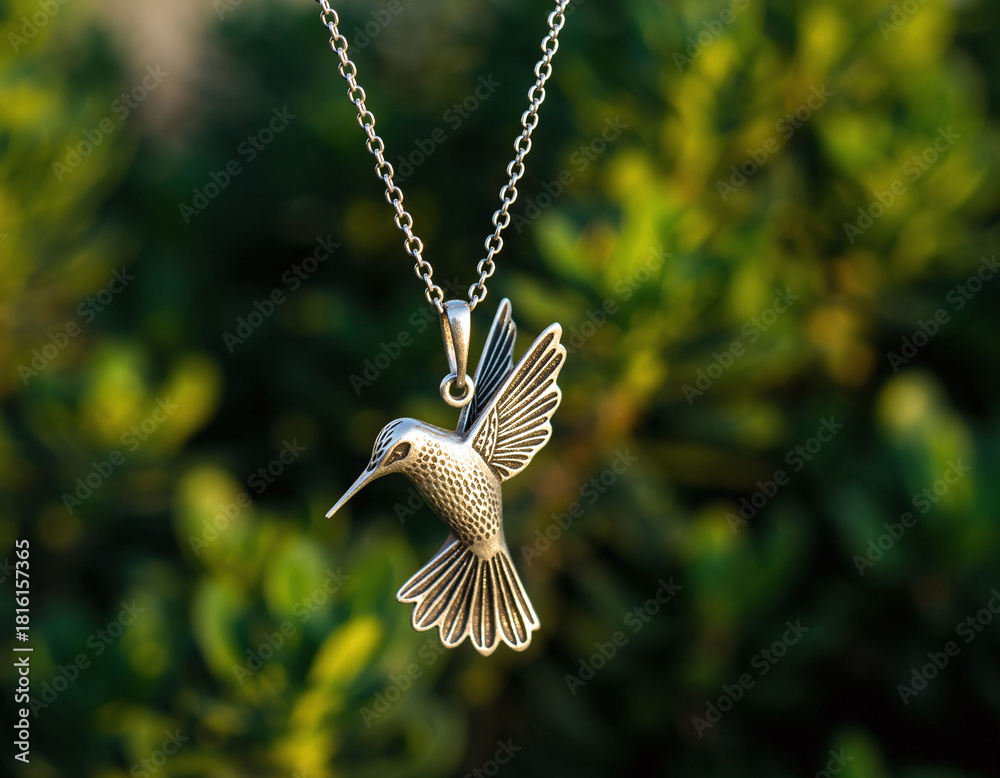 Fototapeta premium Elegant silver hummingbird pendant necklace against a soft green backdrop. Symbolizing freedom, joy, and adaptability. Perfect for fashion, nature, and jewelry concepts.