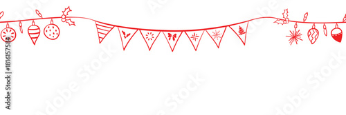 Header seamless pattern for Christmas and New Year festival with cute doodle wreath, holly, plants, ornaments and festive decorations in red color tone on a transparent background.