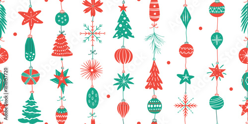 Seamless pattern for Christmas and New Year festival with cute hanging Christmas ornaments in red and green color tones on a transparent background.