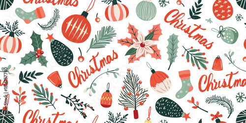Seamless pattern for Christmas and New Year festival with holly, ornaments, poinsettias, bells and cute festive elements in red and green color tones on a transparent background.