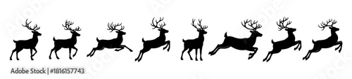 Silhouette of a running deer animation sequence. Vector illustration sprite sheet of a stag in various motion phases
