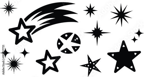 Celestial star illustrations featuring various star shapes and shooting stars for creative designs 